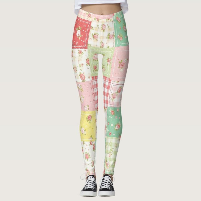 Mjuk Pastell Blommig Lappverks Gingham Rutig Leggings (Framsida)