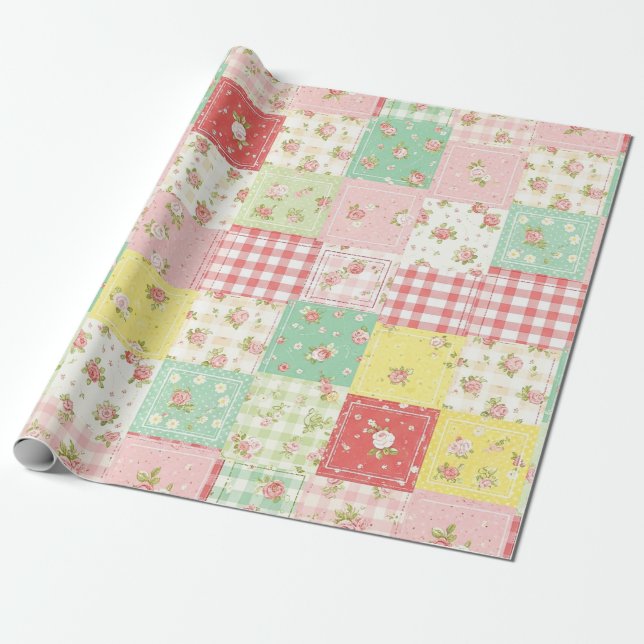 Mjuk Pastell Blommig Lappverks Gingham Rutig Presentpapper (Utrullad)