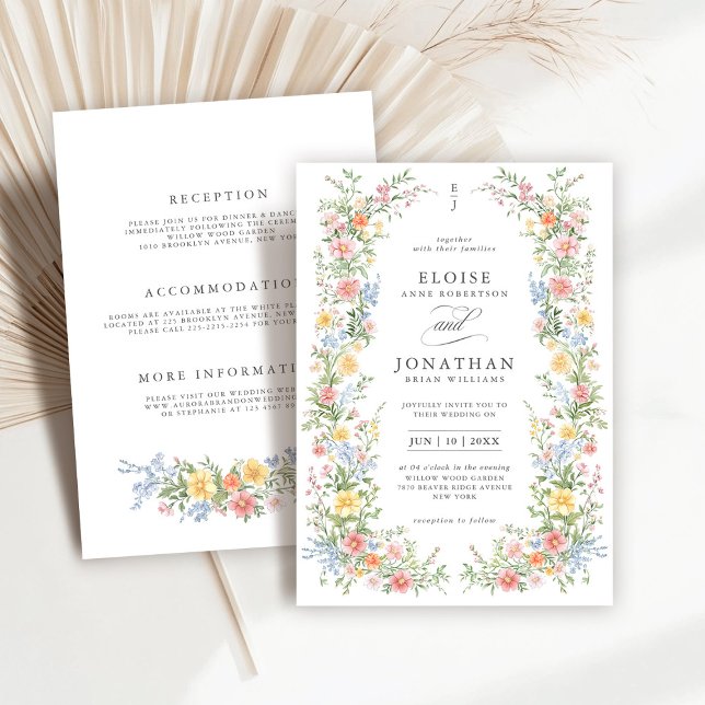 Mjuk Pastell Ornamenterad Vår Allt-i-ett Chic Bröl Inbjudningar (Soft Pastel Ornate Spring All in One Chic Wedding Invitation with wedding details on back.)