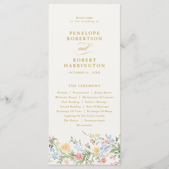 Mjuk Pastell Ornamenterad Vår Guld Blommig Bröllop Program (Framsida)