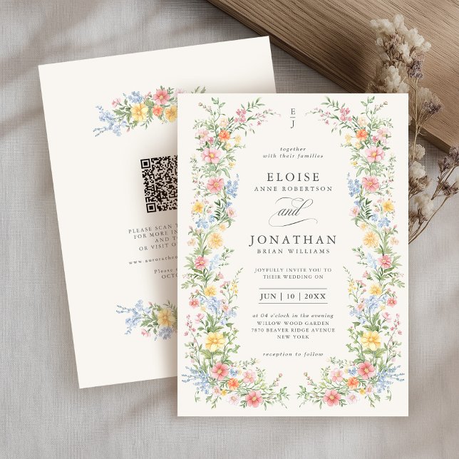 Mjuk Pastell Ornamenterad Vårblomma QR-kod Bröllop Inbjudningar (Soft Pastel Ornate Spring Floral QR Code Wedding Invitation)