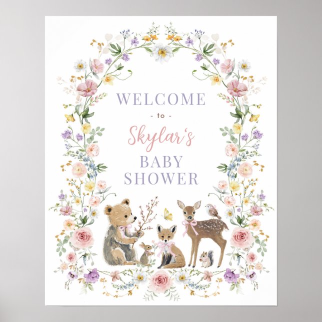 Mjuk Pastell Skogsdjur Blommig Baby Shower Poster (Framsidan)