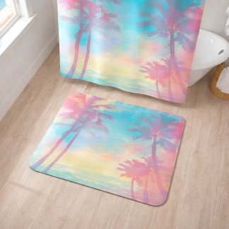 Mjuk Pastell Tropiska Palmträd Teal Rosa Kust Badrumsmatta