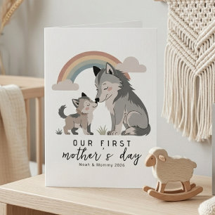 Mjuk Pastell Varg Mamma Valp Första Mors Dag Regnb Kort
