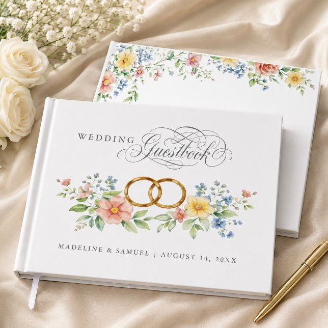 Mjuk Pastell Vildblomma Guldringar Bröllop Gästböcker (Soft Pastel Wildflower Gold Rings Wedding Guest Book)