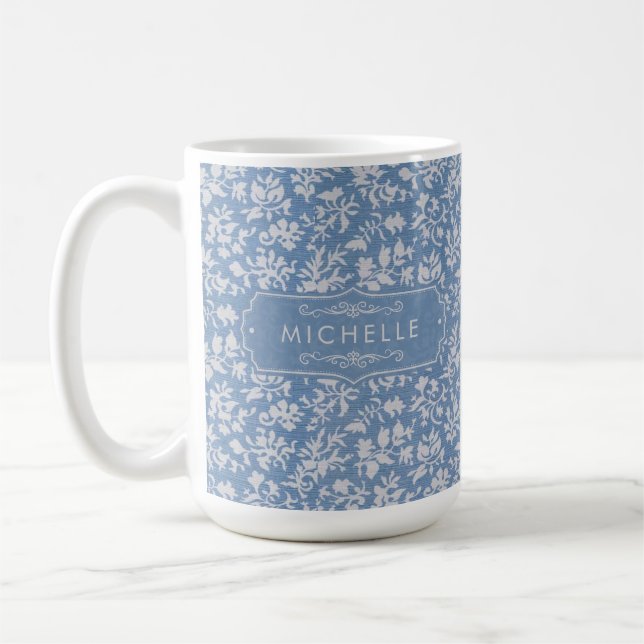 Mjuk Pastellblå & Grå Vit Blommig Boho Mönster Kaffemugg (Vänster)