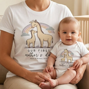 Mjuk pastellfärg för giraffbaby och mamma på först t shirt