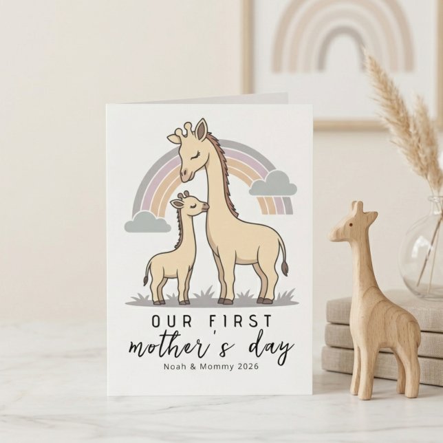 Mjuk pastellfärgad giraffmamma bebis första mors d kort (Skapare uppladdad)