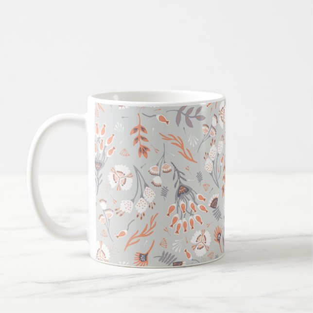 Mjuk pastellGrått-Orange-Blommigt, sömlös Mönster, Kaffemugg (Vänster)