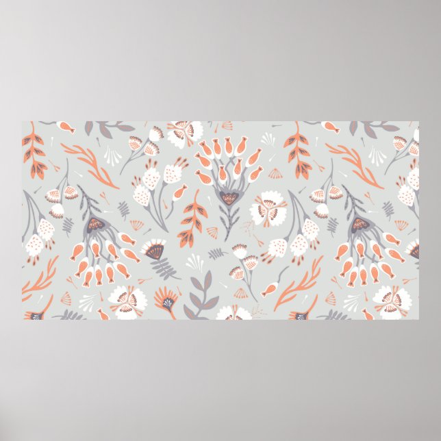 Mjuk pastellGrått-Orange-Blommigt, sömlös Mönster, Poster (Framsidan)