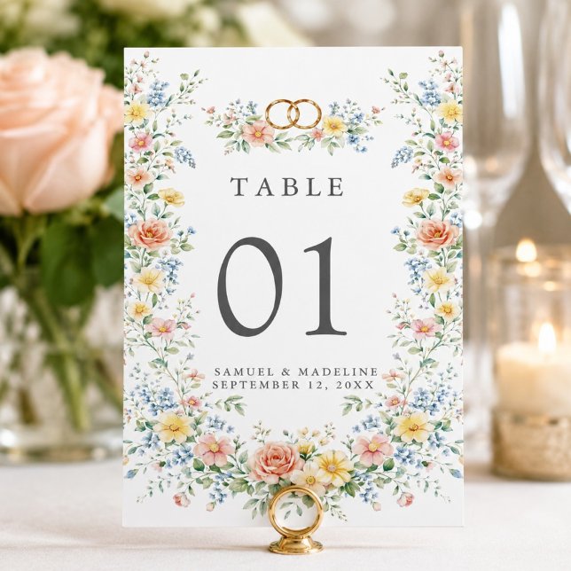 Mjuk Pastellros Vattenfärg Vildblomma Bröllop Bordsnummer (Soft Pastel Blush Watercolor Wildflower Wedding Table Number)