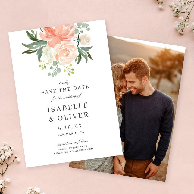 Mjuk pastellrosa akvarell blommande bröllop spara datumet (Skapare uppladdad)