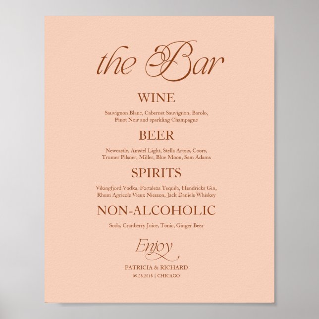 Mjuk Persika Minimalistisk "The Bar" Bröllopsmeny  Poster (Framsidan)