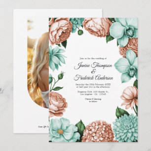 Mjuk Persika & Mint Vattenfärg Blommig Bröllopsinb Inbjudningar