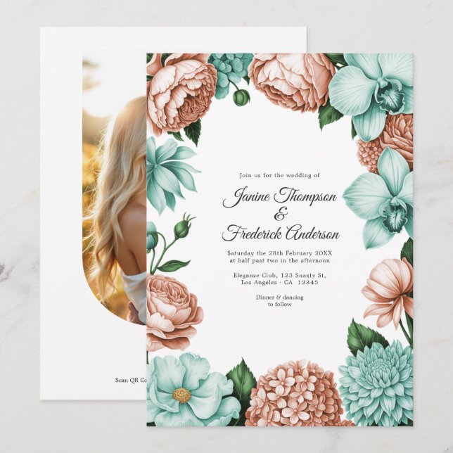 Mjuk Persika & Mint Vattenfärg Blommig Bröllopsinb Inbjudningar (Fram/baksida)