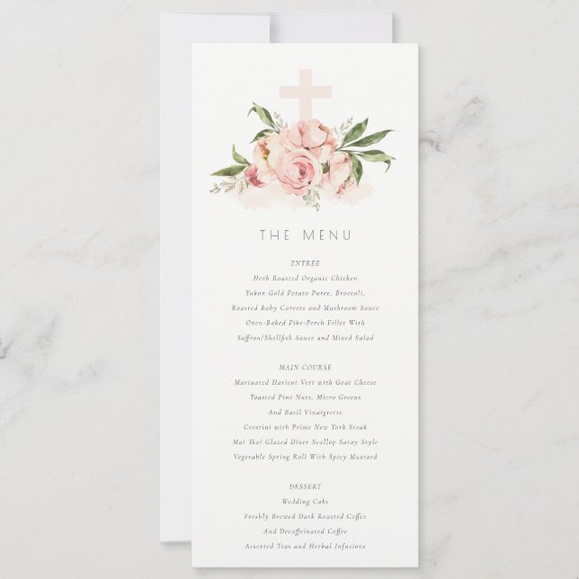 Mjuk persika peony blomster kors döpelse meny kort (Framsida)