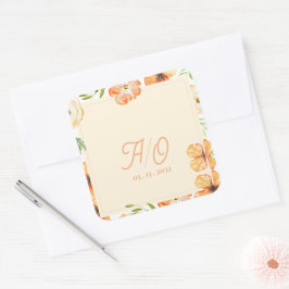 Mjuk Persika Trädgård Blommig Monogram Bröllop Fyrkantigt Klistermärke