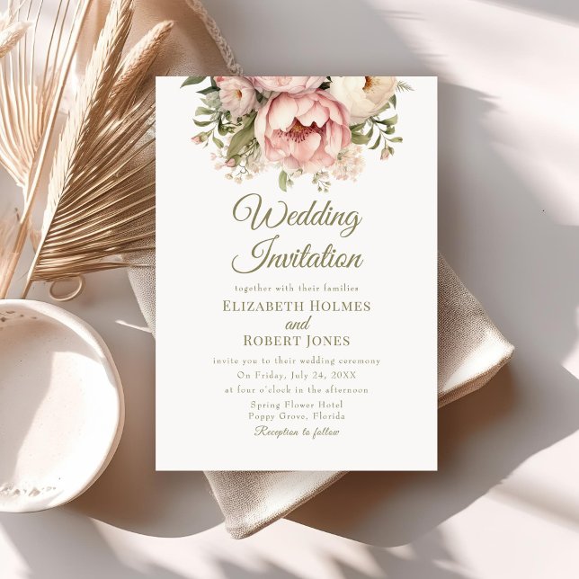 Mjuk persiko- och  Blommigt-bröllopsinbjudan Inbjudningar (Soft Peach and Blush Floral Wedding Invitation on a neutral boho wedding table.)