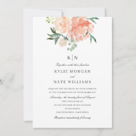 Mjuk persikofärgad Blommigt Monogram Bröllop Inbjudningar