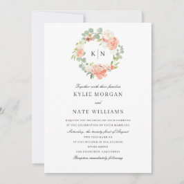 Mjuk persikofärgad Blommigt Vattenfärg Monogram Br Inbjudningar