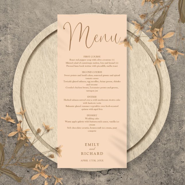 Mjuk persikofärgning, skript Bröllop Meny (Soft Peach Calligraphy Script Wedding Menu)
