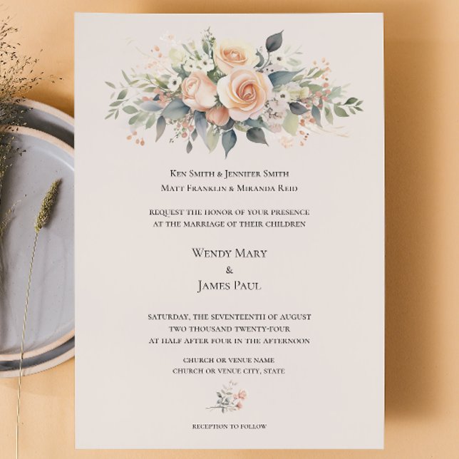 Mjuk persikoinbjudan till Blommar Formal bröllopsi Inbjudningar (Soft Peach Custom Wedding Invitation
)