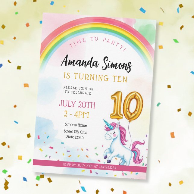 Mjuk regnbågsvalvs konfettiflicka 10-årsdag inbjudningar (Skapare uppladdad)