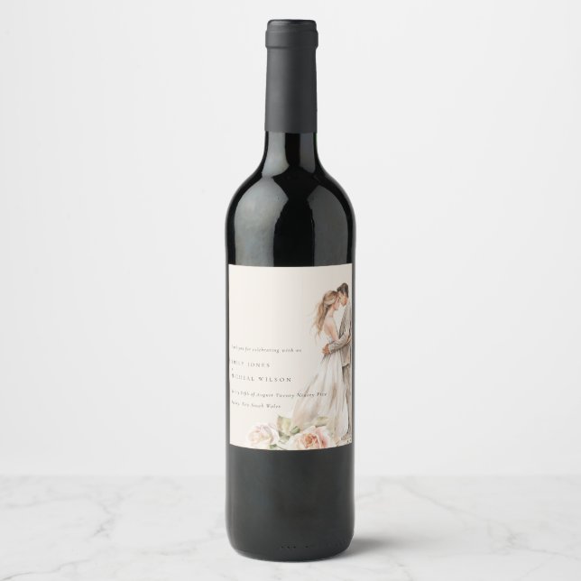 Mjuk  Ro-Blommigt par botaniska Bröllop Vinflaska Etikett (Framsida)
