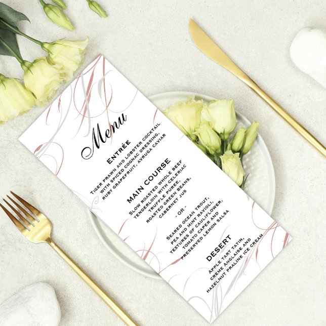 Mjuk Ro och Grått Flourish Bröllop Menu Meny (Skapare uppladdad)