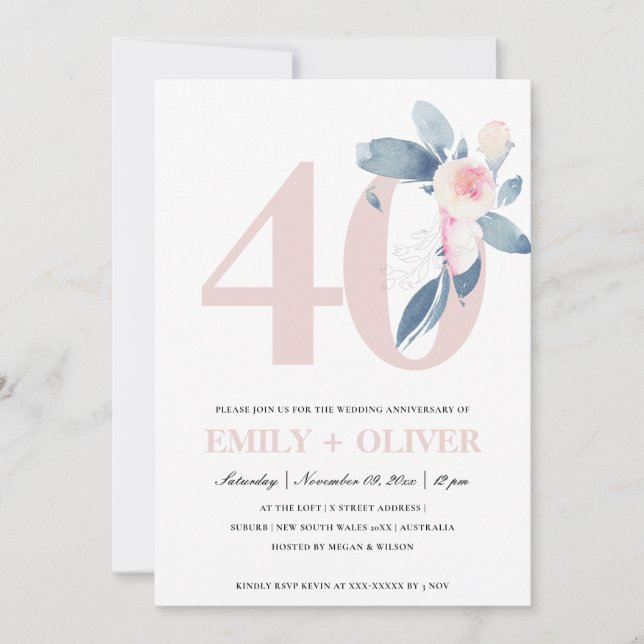 Mjuk rodblå blomster 40-årsjubileum inbjudningar (Framsida)