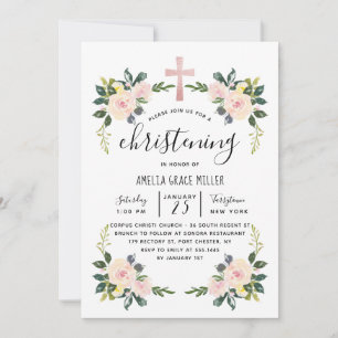 Mjuk rodna blom- modern Christeninginbjudan Tack Kort