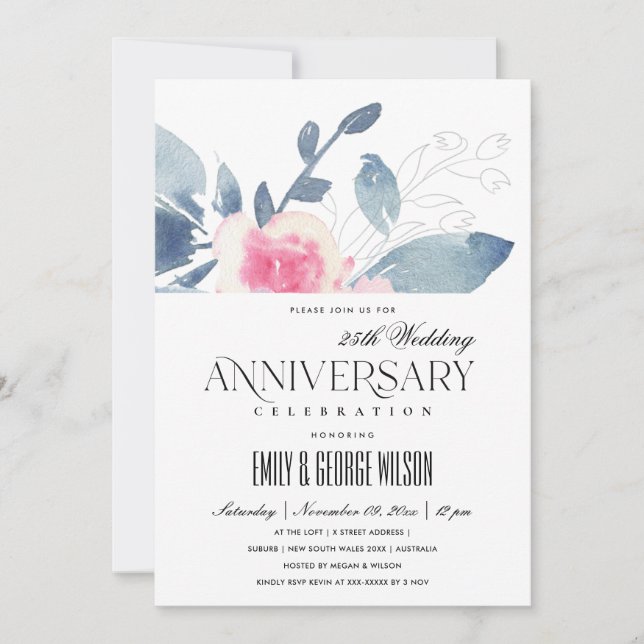 Mjuk rodnad blå blommig 25-årsjubileum inbjudningar (Framsida)