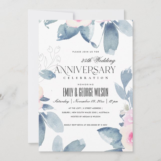 Mjuk rodnad blå blommig 25-årsjubileum inbjudningar (Framsida)