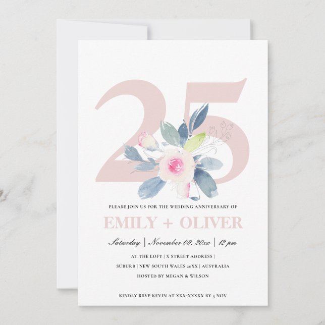 Mjuk rodnad blå blomster 25-årsjubileum inbjudningar (Framsida)