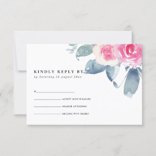 Mjuk rodnad blå blomster vattenfärg krans RSVP OSA Kort
