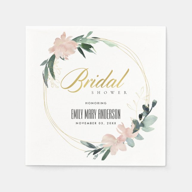 Mjuk rodnad blomsterkrans vattenfärg bröllopsdusch pappersservett (Framsidan)