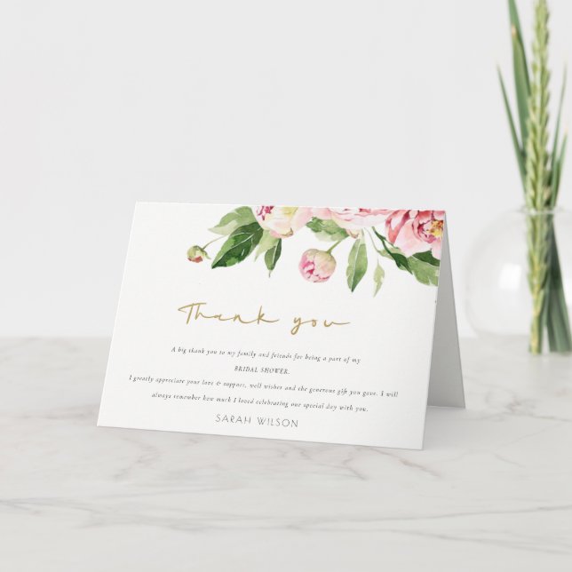 Mjuk rodnad floral pion vattenfärg bröllopsdusch tack kort (Framsida)