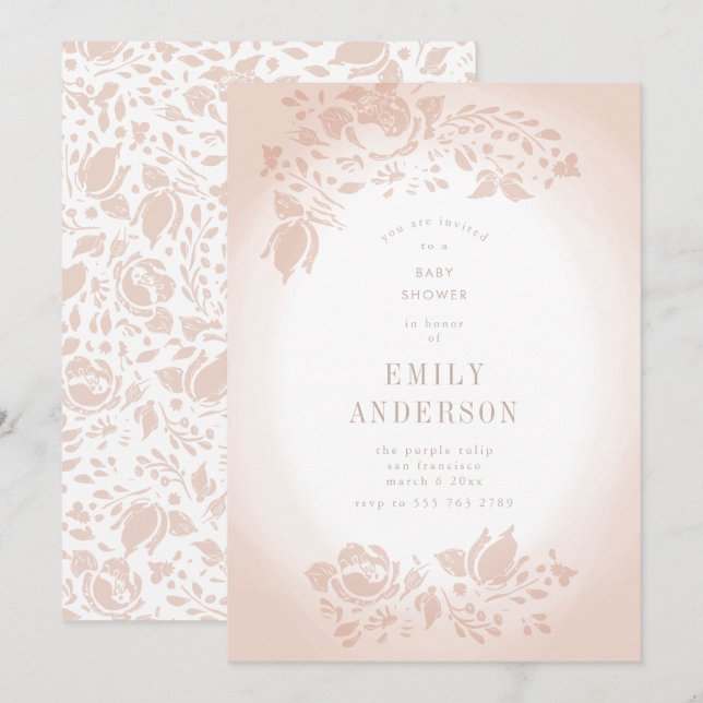 Mjuk romantisk Blommigt Musk Rosa Baby Shower Inbjudningar (Fram/baksida)