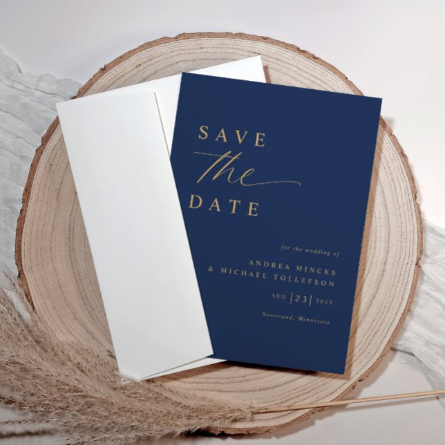 Mjuk Romantisk Marinblå och Guld Bröllop Spara Datumet (Modern save the date cards navy blue with gold)