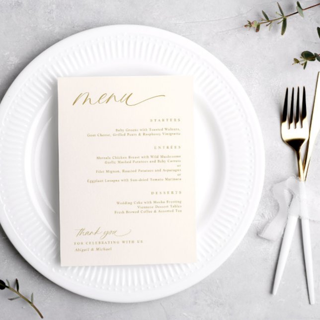Mjuk Romantisk Skript Kräm Guld Bröllopsmenyer Meny (Soft Romantic Gold and Cream Wedding Menus)