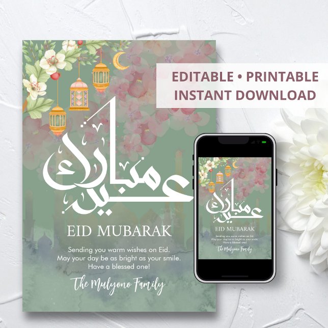 Mjuk Rosa Akvarell Blommig Eid Mubarak-kort Julkort (Skapare uppladdad)