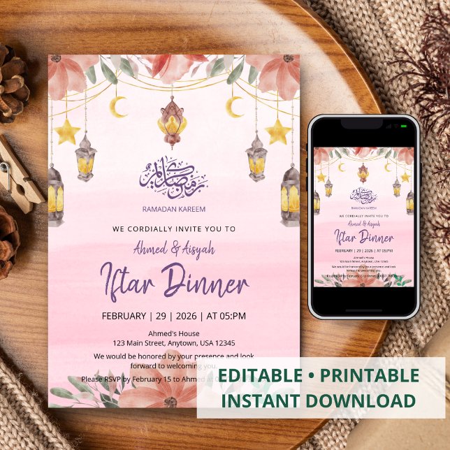 Mjuk Rosa Akvarell Blommig Ramadan Iftar Inbjudningar (Skapare uppladdad)
