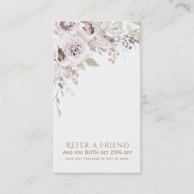 Mjuk Rosa Akvarell Elegant Blommig Referera en Vän Rabattkort (Framsida)