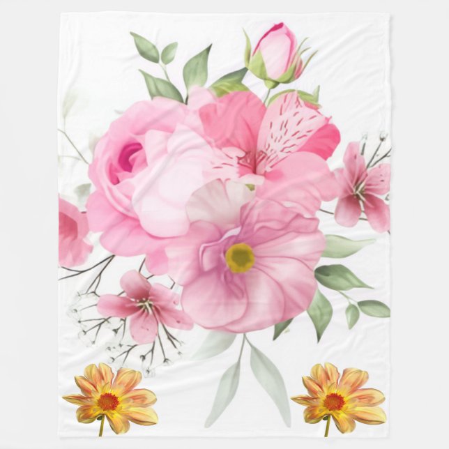 Mjuk rosa akvarellros och vildblomsfilt fleecefilt (Framsidan)