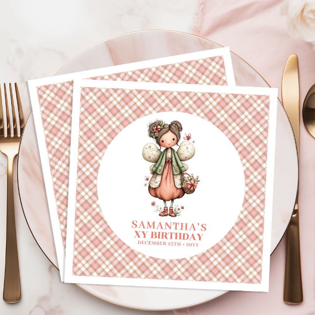Mjuk Rosa Änglaliknande Blommiga Födelsedagsservet Pappersservett (Soft Pink Fairy Floral 4th Birthday Party Napkins)