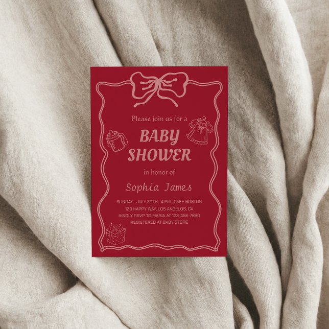 Mjuk Rosa Babydusch med Baby-ikoner och Bow Ram Inbjudningar (Skapare uppladdad)