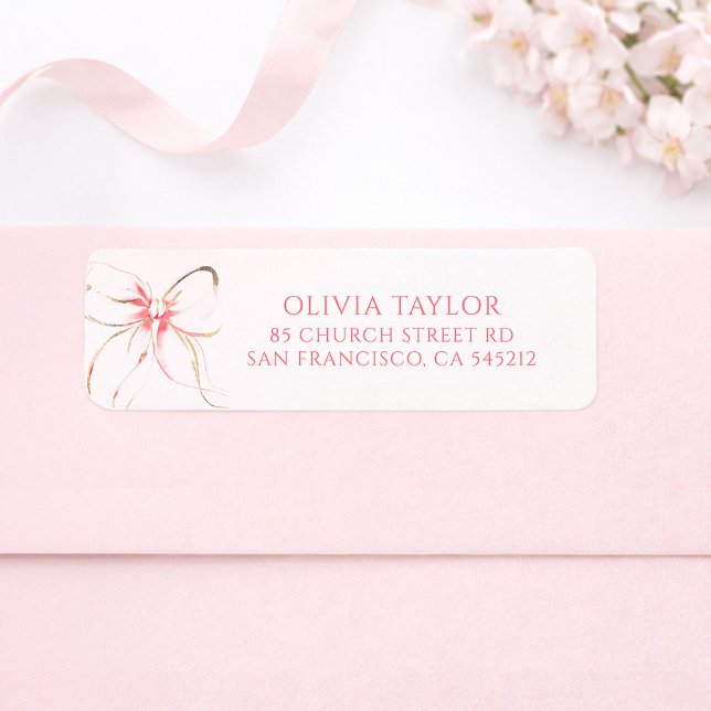 Mjuk Rosa Båge Dop Returadress Etikett (Pink Bow Labels)