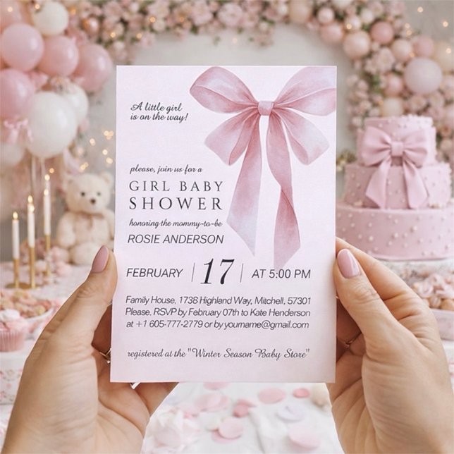 Mjuk Rosa Båge Flicka Barnkalas Inbjudningar (Soft Pink Bow Girl Baby Shower Invitation)