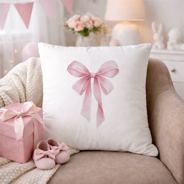 Mjuk Rosa Båge Flicka Barnkalas Kudde (Soft Pink Bow Girl Baby Shower Throw Pillow)