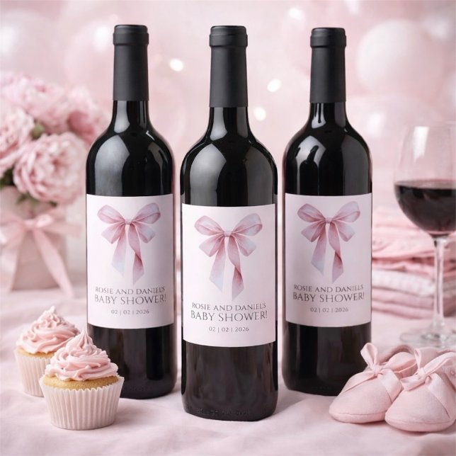Mjuk Rosa Båge Flicka Barnkalas Vinflaska Etikett (Soft Pink Bow Girl Baby Shower Wine Label)